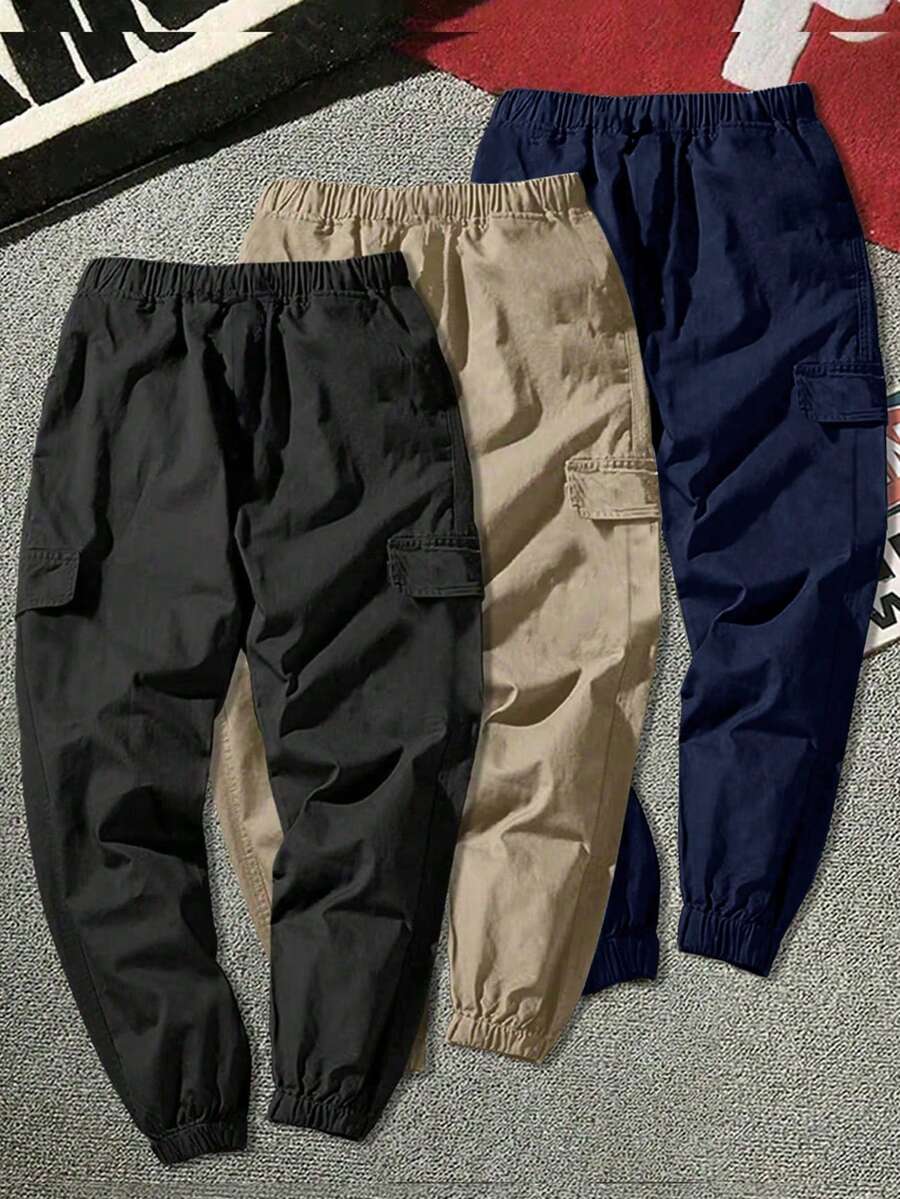 3pcs Tween Boys Casual Minimalist Faux Pocket Outdoor Sports Drawstring Cargo Pants - Multicolor - View 1