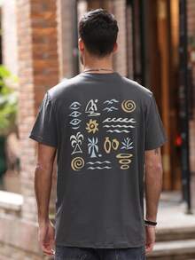 男士简约图案印花圆领短袖 T 恤，简约时尚休闲日常穿着 - 深灰色 - 查看 3
