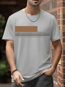 Men's Casual Striped Print Crew Neck Short Sleeve T-Shirt, Summer - Light Grey - View 3