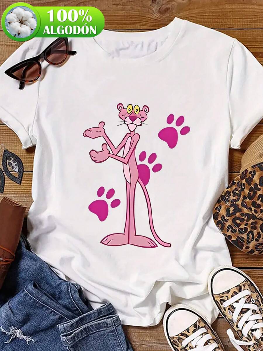 Una camiseta de manga larga de algodón puro para mujer con cuello redondo, ropa femenina de algodón: estampado clásico de leopardo rosa saludando + huellas, Navidad, moda femenina - Blanco - Ver 1