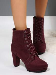 粗跟、圆头、短筒、系带、高跟鞋、高防水厚底、简约时尚、百搭女士高跟鞋、冬靴、酒红色高跟鞋 - 酒紅色 - 查看 4