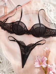 Bộ đồ lót gợi cảm 2 món cho nữ, thiết kế viền ren, áo ngực và quần lót không dây có thể tháo rời, dây đeo có thể điều chỉnh - màu đen - Xem 9