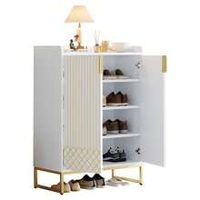 Meuble à chaussures avec pieds en métal doré et portes en MDF, meuble de rangement pour entrée, chambre, salon, blanc - Blanc - Voir 8