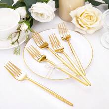 200Pcs Gold Plastic Dessert Plates With White Appetizer Platos And Gold Disposable Forks Ideal For Elegant Party Dessert Serving Includes 100pcs 7.5 Salad Platos And 100pcs 7.6 Plastic Forks For Stylish Cake Presentation And Casual Dining Events - 白金 - 查看 3