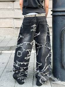 1pc Fashionable American Street Style Men's Embroidered Wide-Leg Jeans, Loose And Comfortable, High Street, All Season - الأسود - مشاهدة 4