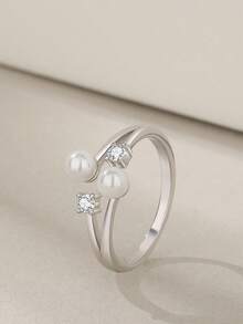 1pc Personalized And Elegant Dual Layer Faux Pearl & Cubic Zirconia Detail Open Ring