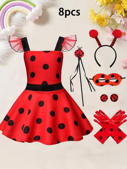 8pcs/Set Girl's Red And Black Polka Dot Halloween And Christmas Costume Set Ladybug Costume Complete Birthday Party Outfit Dress Set Performance Costume (Dress + Eye Mask + Headband + Magic Wand + Earrings (2pcs) + Gloves (2pcs))