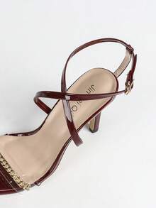 Jin Bei Qi Damskie sandały na obcasie ze szpiczastym noskiem, w jednolitym kolorze, ze skóry lakierowanej, z metalicznym łańcuszkiem, przezroczyste, ze szklanym paskiem żelowym, krzyżowym paskiem wokół kostki, z klamrą, z odkrytymi palcami, na imprezę na świeżym powietrzu, na szpilce, na wysokim obcasie, eleganckie, luksusowe, odpowiednie na imprezę, bankiet, romantyczne, w kolorze czerwonego wina