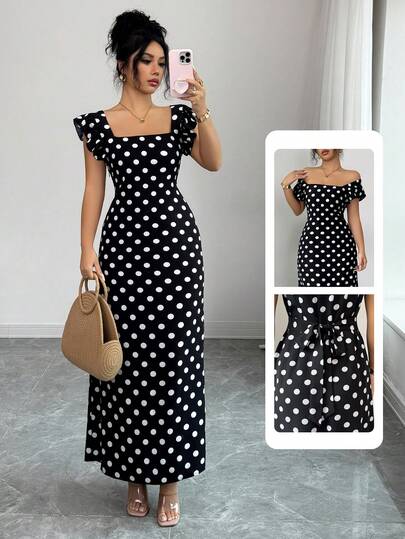 Vestidos midi bohemios casuales y elegantes para mujer con lunares, cordones y volantes - Adecuados para vacaciones, reuniones, primavera y verano, perfectos para el Día de San Valentín y la temporada de regreso a clases