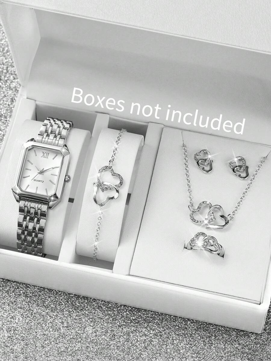 Bộ 6 đồng hồ quà tặng nữ có dây đeo bằng thép, đồng hồ đeo tay thạch anh mặt số La Mã vuông thời trang + Bộ trang sức hình trái tim (Không bao gồm hộp đựng đồng hồ) - Bạc - Xem 1