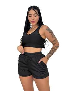 Kit 2 Shorts Feminino Dry Fit com 2 Bolsos Confortável Esportivo Academia Corrida - 2 Pretos - 2 Shorts Pretos - Visão 3