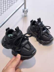 1双儿童简约装饰运动鞋，PU鞋面，适合幼儿及儿童，户外休闲橡胶防滑鞋，春秋季 - 黑色 - 查看 3