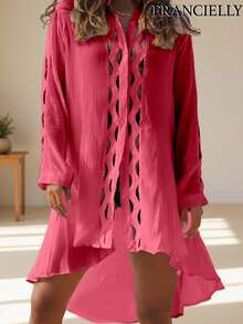 Saída de praia feminina evasê, modelo vazado rosa com recortes, leve e estilosa, tamanho único 38-42