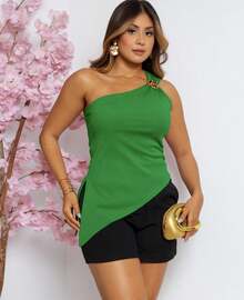 Women's One-Shoulder Tank Top With Flower Buckle And Padded Cups -  Summer Fashion - Stylish - 綠色 - 查看 1