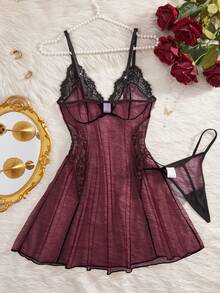 2pcs Women's Sexy Lingerie Set - Sheer Lace Trim Chemise Nightgown With Adjustable Spaghetti Straps - Multicolor - View 3