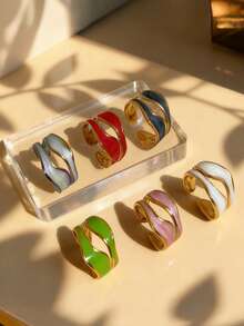 6pcs Minimalist Design Hollow Drip Oil Stainless Steel Rings For Women, Adjustable Titanium Steel Bands Suitable For Daily Wear And Parties - Gold-color - View 2