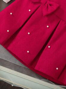 BASUSARRI 圣诞红色蝴蝶结串珠长袖圆领T恤上衣,褶皱蝴蝶结串珠半裙,中国风红色女童春秋季两件套,优雅可爱,适合派对和外出穿着 - 紅色 - 查看 8