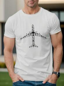 Camiseta Casual para Hombre con Gráfico de Avión - Poliéster Suave, Manga Corta, Cuello Redondo, Camiseta de Verano - Negro - Ver 1