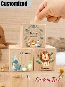 Customized Piggy Bank, Personalized Name Wooden Children's Gift, Personalized Wooden Piggy Bank - Cute Animal And Floral Pattern, Flip-Top Lid, Multi-Purpose Home Decor Gift Suitable For Teens, Bedroom, Office Or As A Gift, Room Decor, Honeycomb Jar, Savings Jar, Birthday Surprise Box, Christening Memento Box, Butler Box - Multicolor - View 2