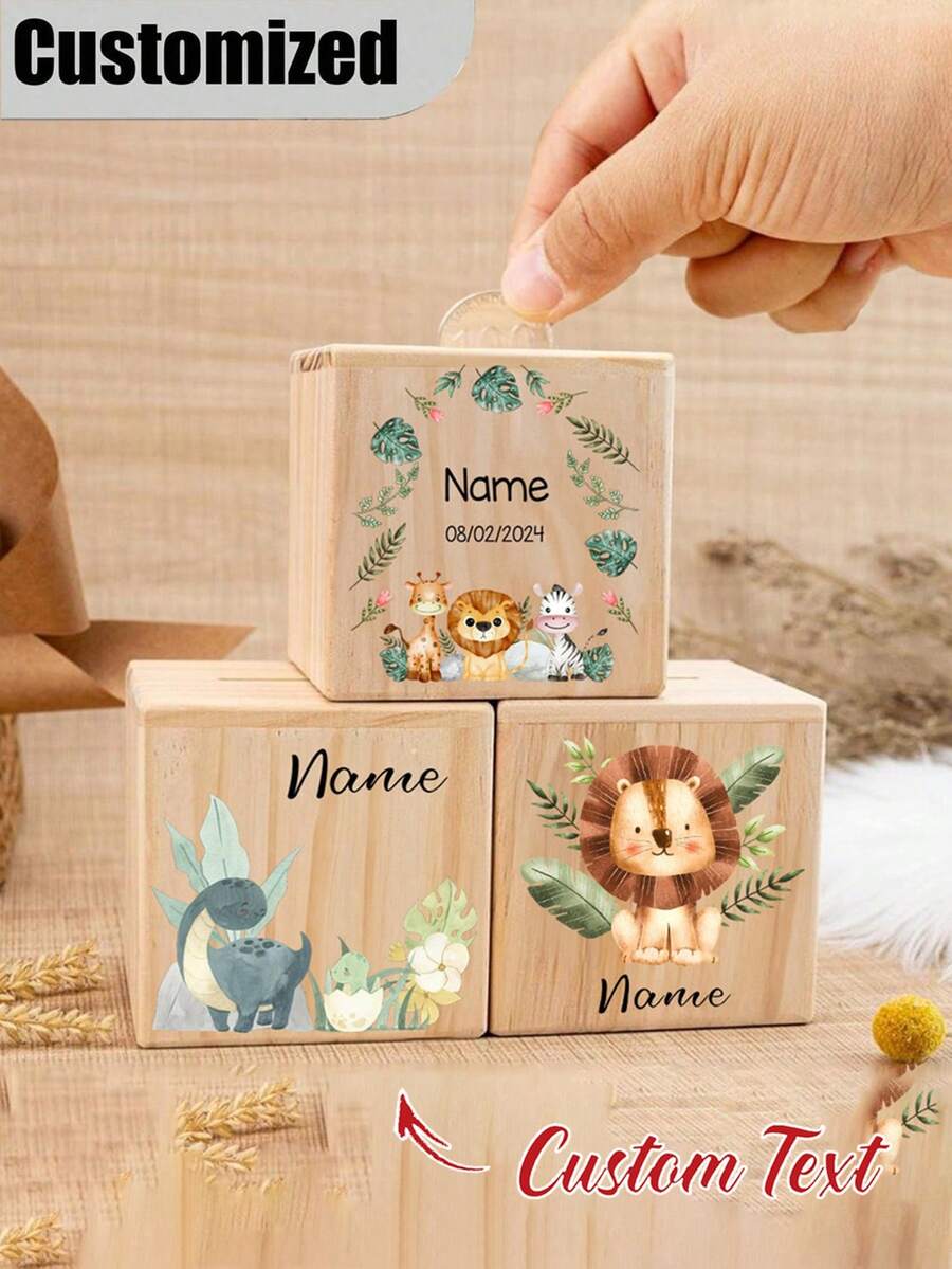 Customized Piggy Bank, Personalized Name Wooden Children's Gift, Personalized Wooden Piggy Bank - Cute Animal And Floral Pattern, Flip-Top Lid, Multi-Purpose Home Decor Gift Suitable For Teens, Bedroom, Office Or As A Gift, Room Decor, Honeycomb Jar, Savings Jar, Birthday Surprise Box, Christening Memento Box, Butler Box