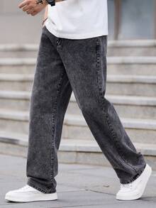 1pc Justice Brother High-End Denim Jeans, Casual Loose Fit Wide Leg Pants, Washed Effect - Grey - View 4