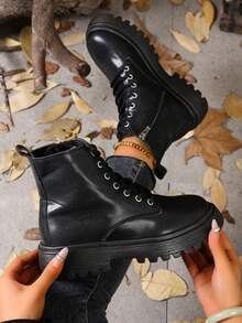 Round Toe Thick Sole Versatile Women Ankle Boots, 2025 Autumn/Winter New Lace-Up Retro Platform Slim Commuting Dress Casual Fashion Boots - Black - View 5