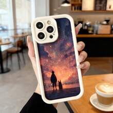 Cubierta de telefono con borde negro para iPhone con estampado de cielo estrellado y silueta de pareja en playa al atardecer ideal para uso diario y viajes Aplicable a los teléfonos de la serie Apple y Galaxy - Café integral - Ver 4