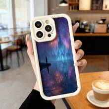 Funda para telefono con borde negro diseño de paisaje místico con figura solitaria y reflejo en agua tonos púrpura azul y naranja para uso diario y viajes Aplicable a los teléfonos de la serie Apple y Galaxy - Blanco - Ver 7