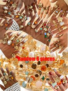 28/6pcs Vintage Elegant Bohemian Style Colorful Gemstone & Irregular Pearl Metal Ring Set, Suitable For Daily Wear And Party (Random Delivery) - Style 24 - View 4