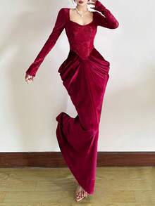Long Sleeve Patchwork Pleated Belted Waist Fitted Dress - Red - View 5