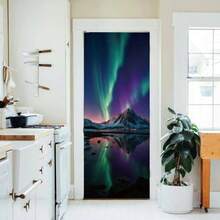 2 Sheets Self - Adhesive Door Sticker, 80cmx200cm/31.5x78.7inch Nature Tree Shadow Door Murals Stickers PVC Removable Wallpaper Decoration Home Bedrooms U200BLiving Room - 極光雪山夜景 - 查看 8
