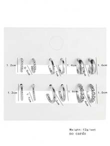 6 Pairs Vintage Texture Metal Open-Hoop Design Rhinestone Decorated Women Earrings, Everyday Wear