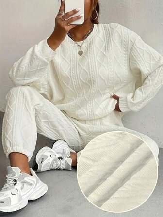 Relaxed Texture Pullover Pants, Long-Sleeved Round-Neck Sportswear And Jogging Pants Combination, Women's Clothing, High-Quality Textured Casual Pullover Set, Releasing A Sense Of Relaxation And Ease