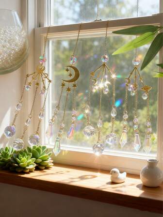 1pc Agate Moon Suncatcher Crystal Pendant Prisms Rainbow Wind Chimes For Home Garden Window Home Interior Wall Decoration Golden Star And Moon Crystal Pendant Colorful Wind Chime