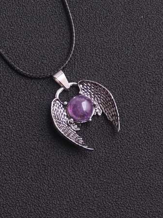 1 pieza Colgante de alas de ángel de niña estilo bohemio con piedras naturales - Cuarzo rosa y encantos de ágata amatista para hacer joyas DIY, accesorios para elaborar collares