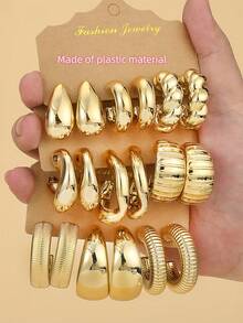 1-9 pares de pendientes de botón con forma de gota de agua exagerada, de material plástico ligero con recubrimiento dorado - Amarillo Oro - Ver 12