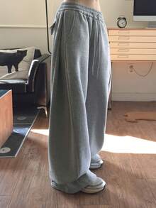 Loose Drawstring Sweatpants, Women's New Casual Wide Leg High Waist Trousers, Slimming - Grey - View 5