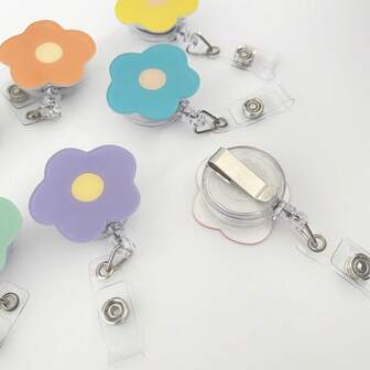 Acrylic Flower Retractable Badge Reels Set, Plastic ID Card Holders With Clip, Nurse Doctor Student Office Staff Identification Accessories, Pull Badge Clips With Lanyard Attachment
