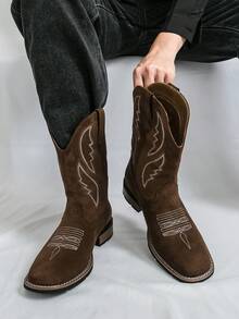 Men's Retro Boots, Suede Embroidered Western Boots, European And American Style High-Top Motorcycle Boots