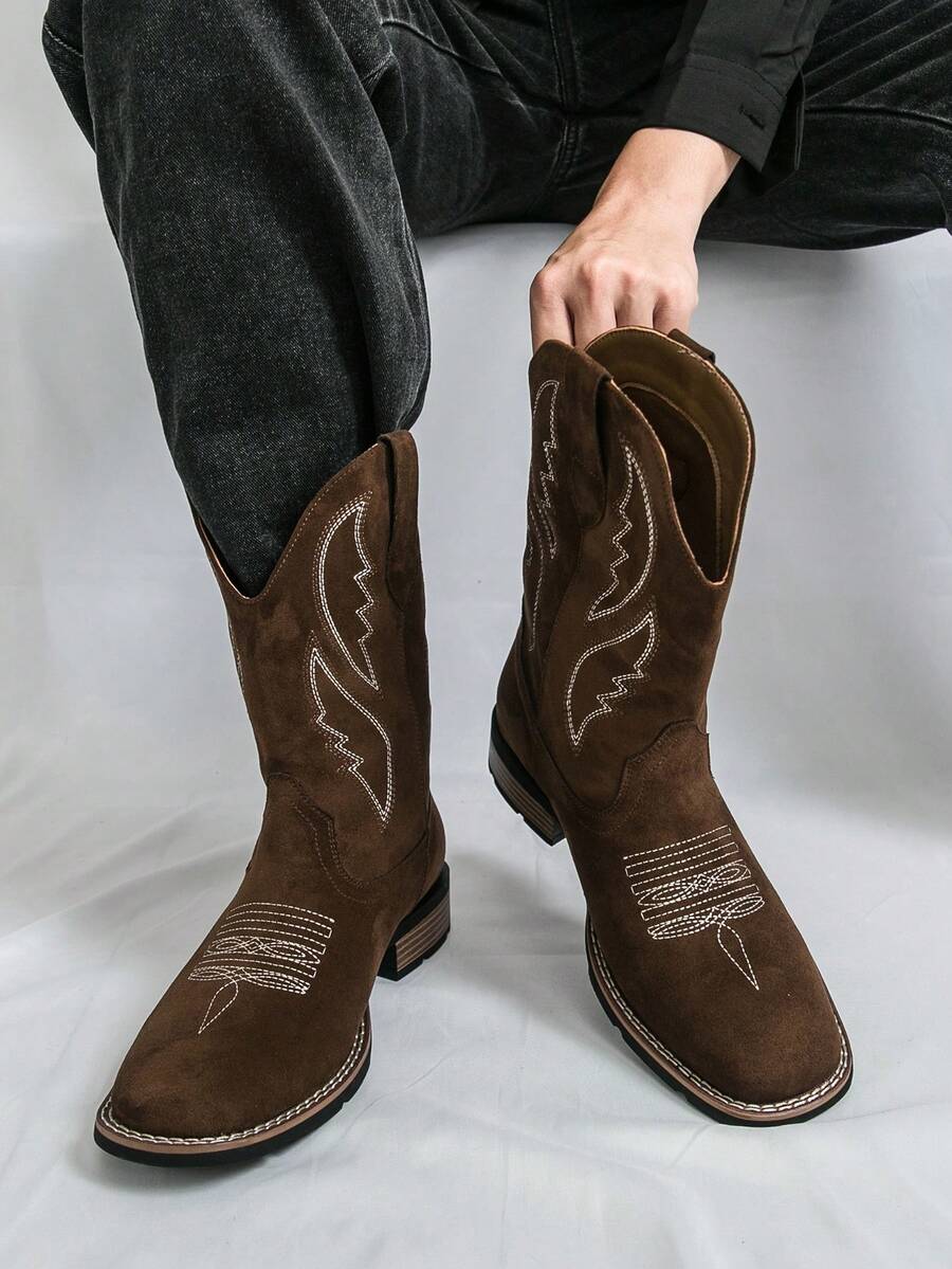 Men's Retro Boots, Suede Embroidered Western Boots, European And American Style High-Top Motorcycle Boots