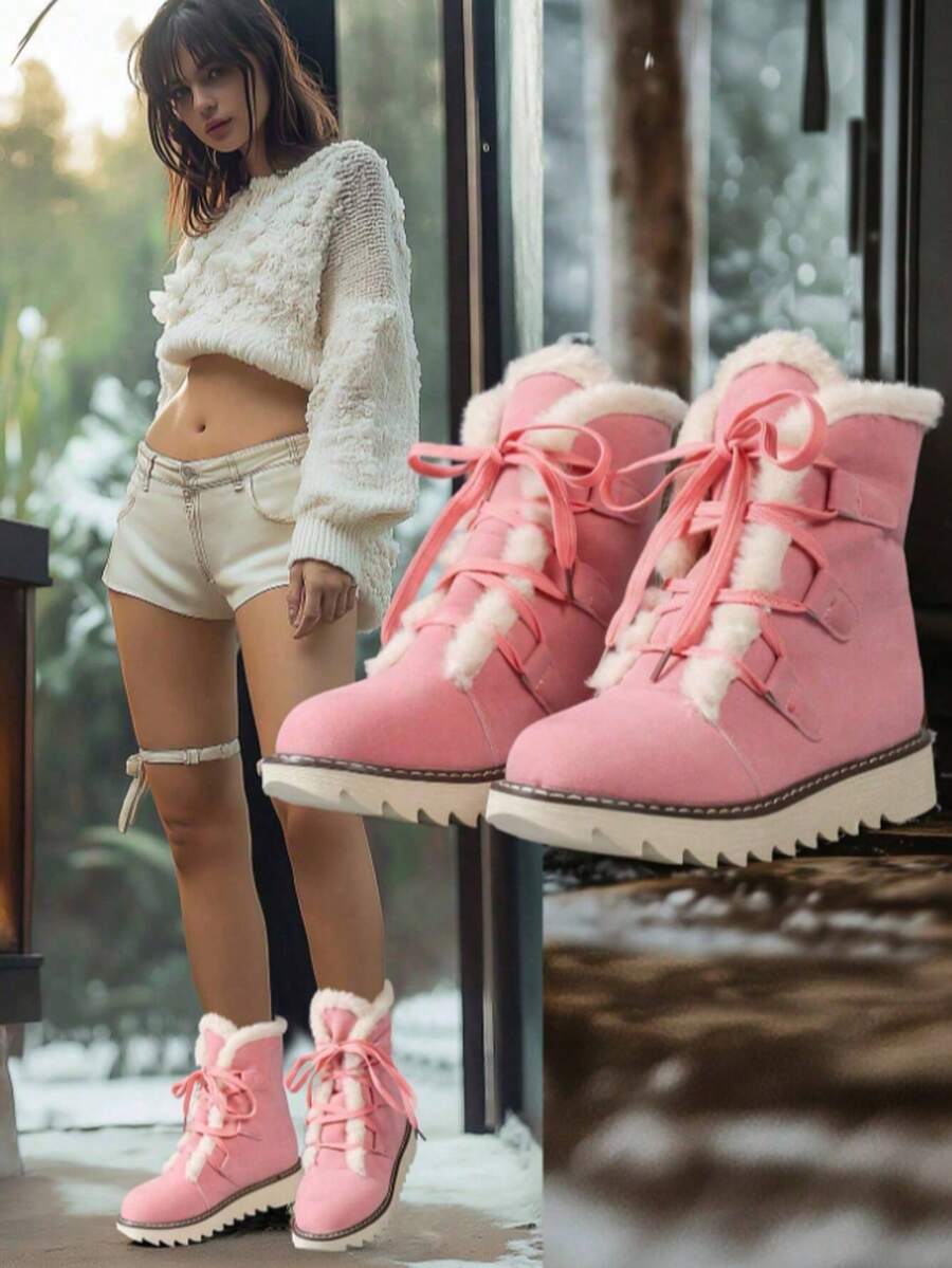 Women's Lightweight Snow Boots, Short Boot Style, Featuring A Warm And Slip-Resistant Round Toe Design. Large Size Snow Boots - Lightweight, High-Top, Flat Sole, Casual Mid-Length Boots, Suitable For Middle-Aged Women. Women's Winter Boots As A Gift For Elders And Friends On Thanksgiving Day. Essential Boots For Christmas Outfit.Black Boots Women - 粉色 - 查看 1