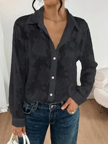 女士优雅休闲度假风长袖单排扣口袋薄纱衬衫 - 黑色 - 查看 7