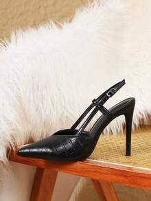 Tacones altos negros de fiesta para mujer, de unicolor, elegantes, con estampado de cocodrilo, correa de tobillo, puntera puntiaguda y tacón de aguja, versátiles para uso casual y de oficina - Negro - Ver 6