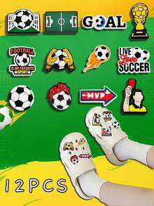 12个足球主题鞋饰挂件，DIY可爱鞋子装饰，适合木屐派对，男女皆宜的礼物（款式随机，手工制作，背面可能存在少量胶水残留或瑕疵）