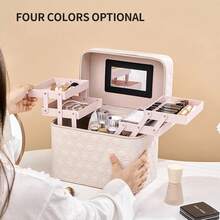 Cosmetiquera de Bolso Para Uso Diario, Bolsa de Maquillaje con Espejo, Imitación de Piel, 4 Compartimientos Plegables, Para Maquillaje, Perfumes, Joyería, Con Correa de Transporte, Accesorio de Belleza, Diseño con Relieve y Elegante - Rosa - Ver 4