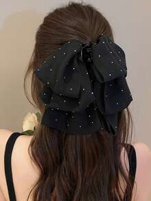 1pc Black Rhinestone Elegant Fashion Handmade Layered Bow Hair Claw Clip, Suitable For Party And Daily Use Hair Clip Winter Hair Accessories - Black - View 3
