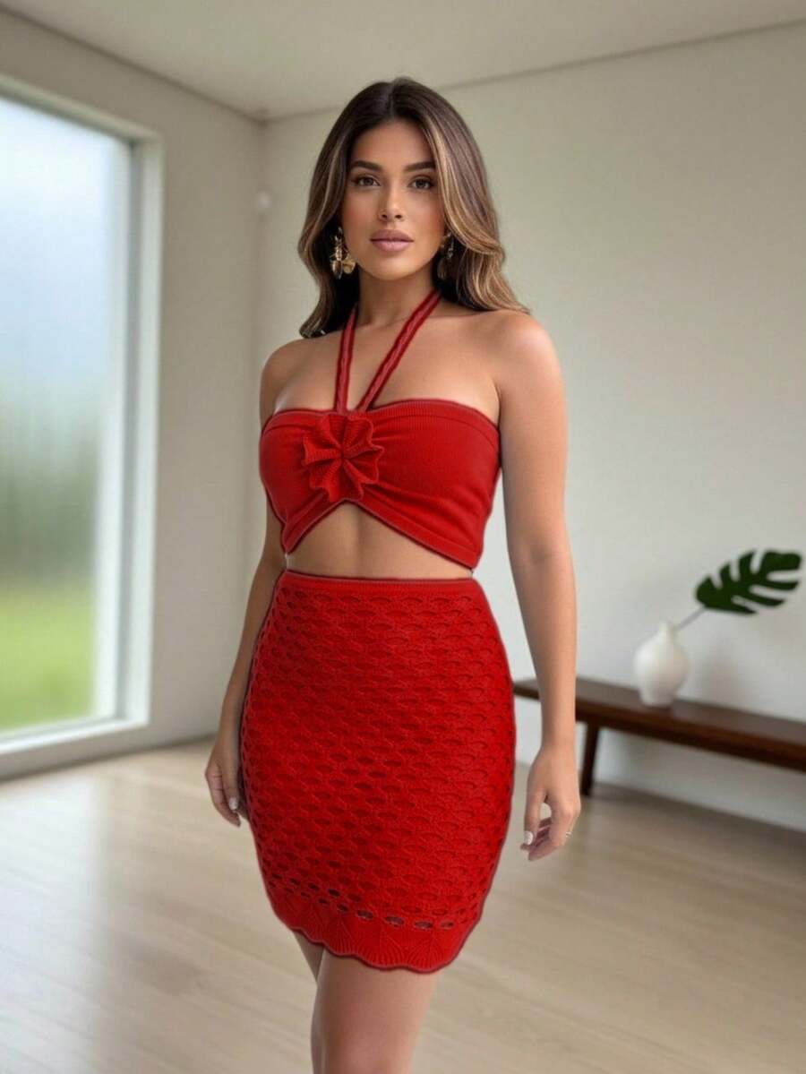 Modal Knit Cropped Top And Short Skirt Set - Elegant Summer Fashion - Red - View 1