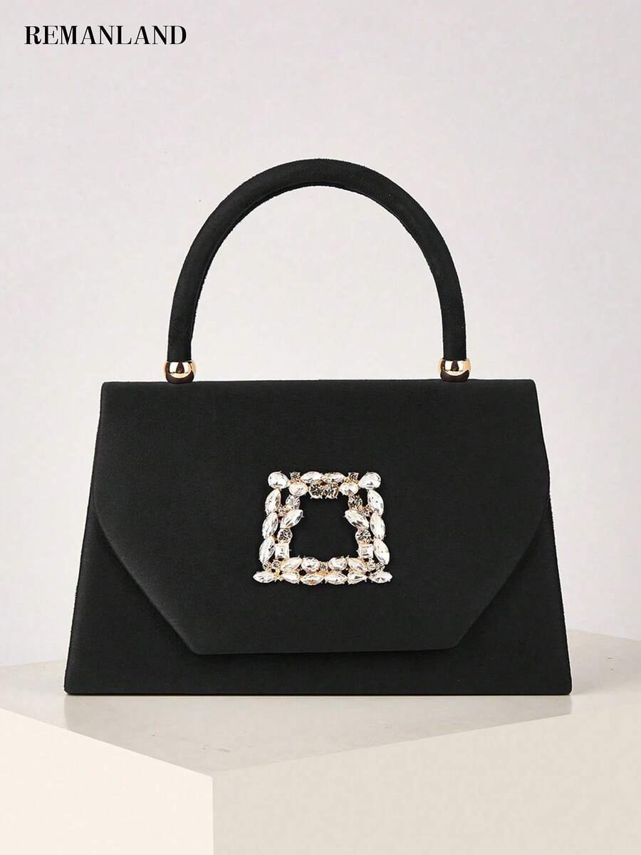 REMANLAND Diese schimmernde und elegante Handtasche, die aus Samt gefertigt und mit funkelnden Strass-Steinen verziert ist, kann als Abendtasche oder Partytasche verwendet werden. Diese Umhängetasche ist perfekt für Damen, die Partys, Hochzeiten, Bankette und andere formelle Anlässe besuchen, und macht sie zu einer perfekten Wahl für eine Abend- oder Umhängetasche. Sie ist auch ein ideales Geschenk für Frauen. - Schwarz - Übersicht 1