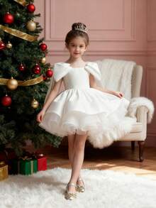 Tween Girl Elegant White Flower Girl Dress With Bow, Short Formal Dress For Wedding, Princess Dress, Prom Dress, Party, Christmas, Birthday - White - View 7