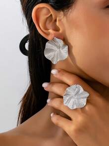 女士首饰套装 - 戒指 + 耳环，波浪纹图案，冬季首饰礼品 - 戒指+耳環套裝紋路波浪 - 查看 3